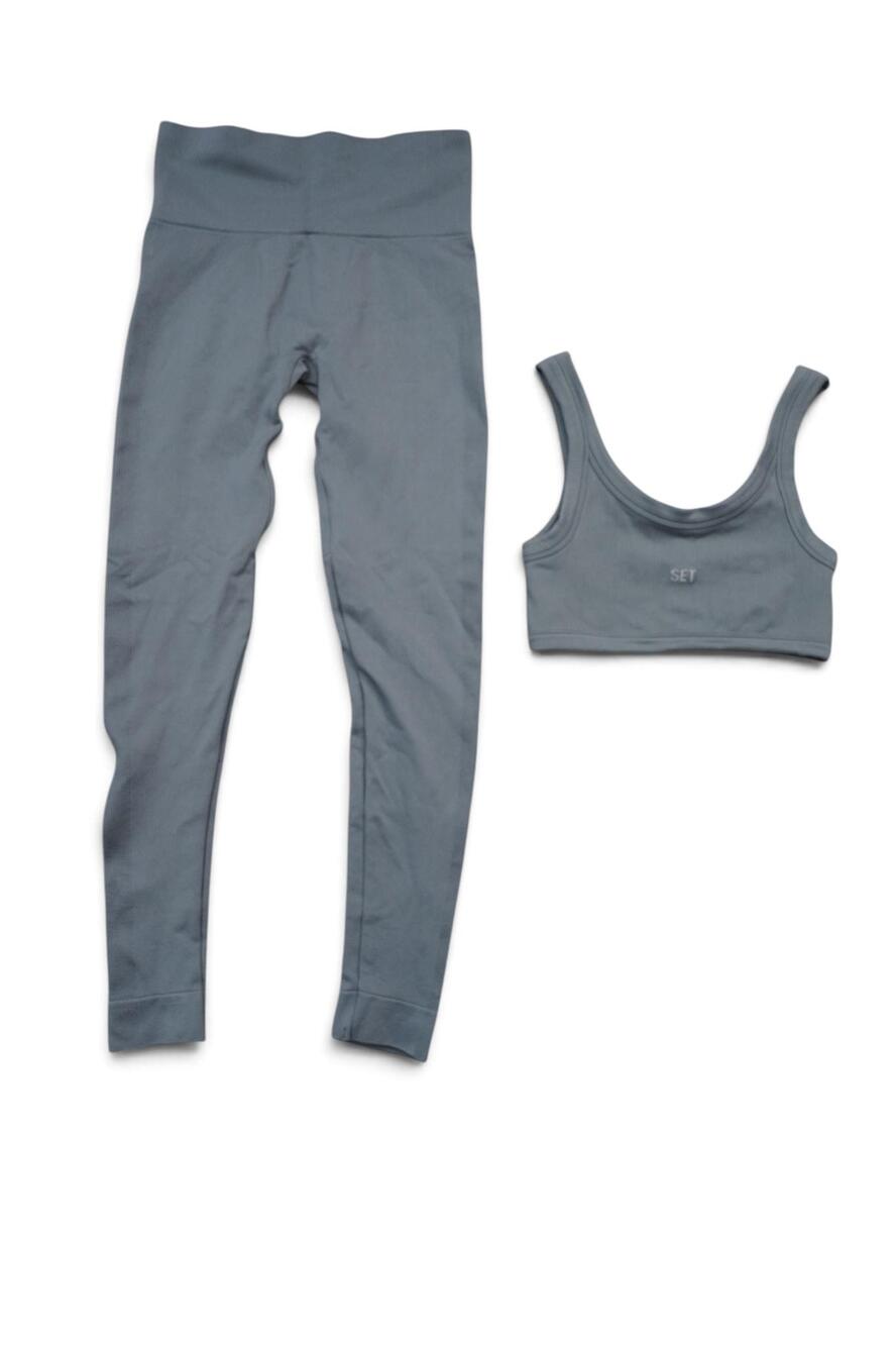 SET ACTIVE Outfit Set Womens S/M Gray Ribbed Bra Leggings High Waist Yoga Gym